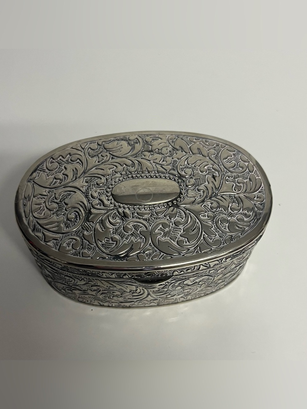 Ornate Silver-Tone Engraved Oval Trinket Box